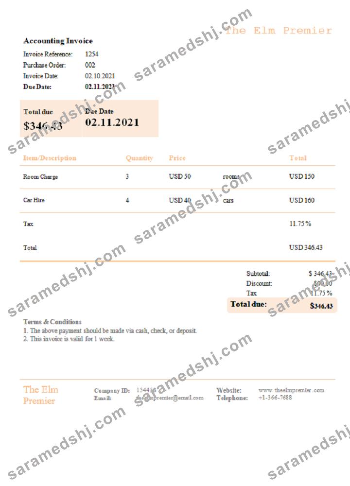 USA The Elm Premier invoice